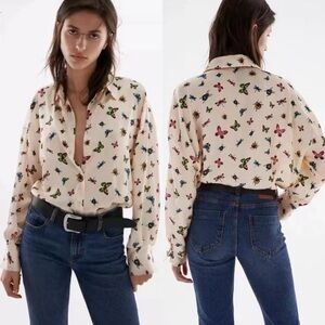 Zara / Cream Bug Pattern Long Sleeve Button Up Shirt